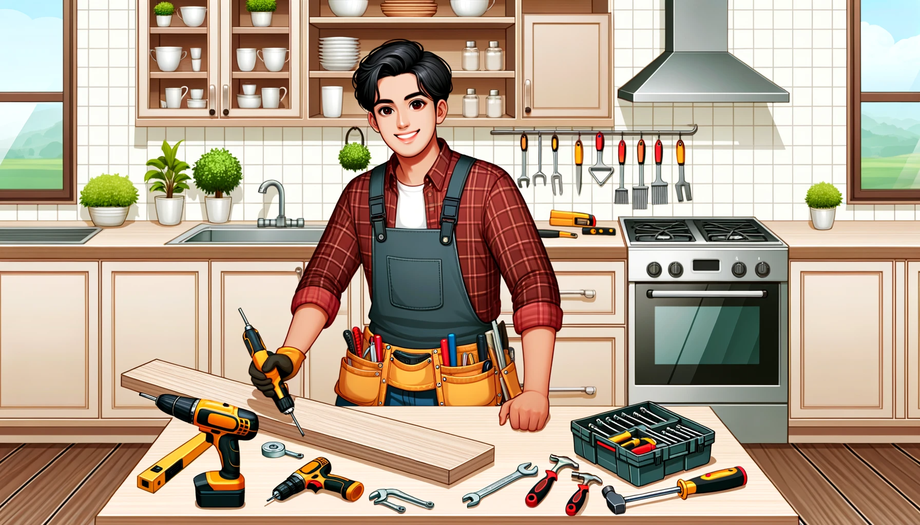 illustration av en manlig snickare som monterar kök