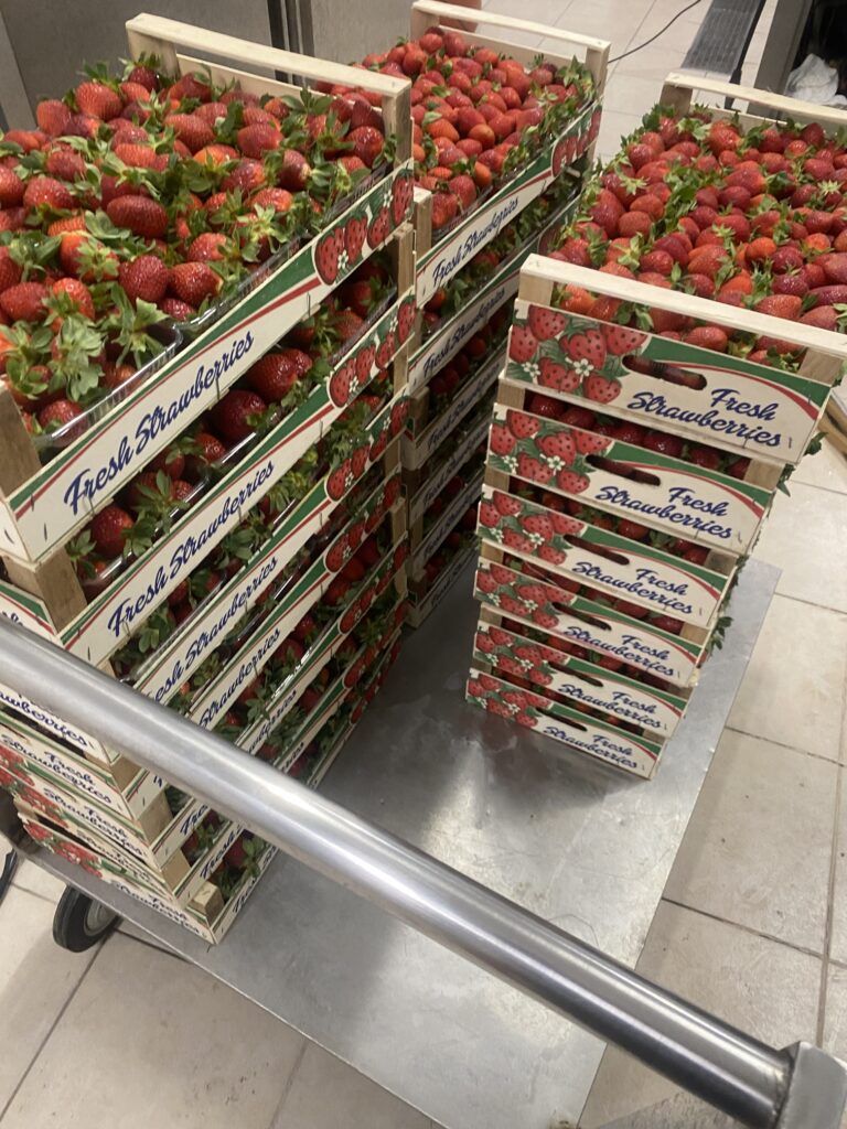 Crates of fresh strawberries in the workshop